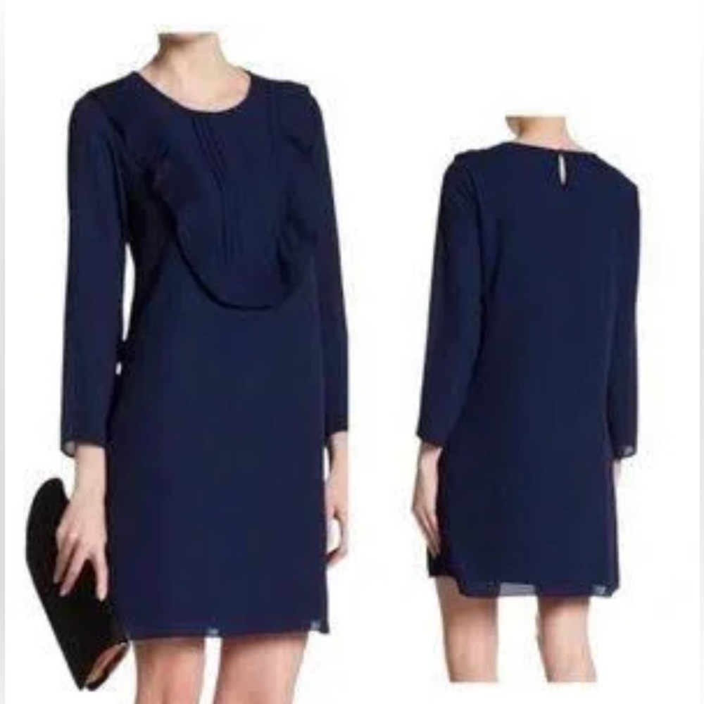 CeCe Navy Ruffle Pleated Bib Shift Dress